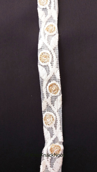 White Net Lace Trim In Floral Embroidery And Glitter Gold Sequins, , Wedding Trims